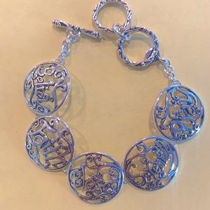 “BELIEVE FAITH BLESSED SERENITY PRAY” Silvertone Scroll Toggle Bracelet